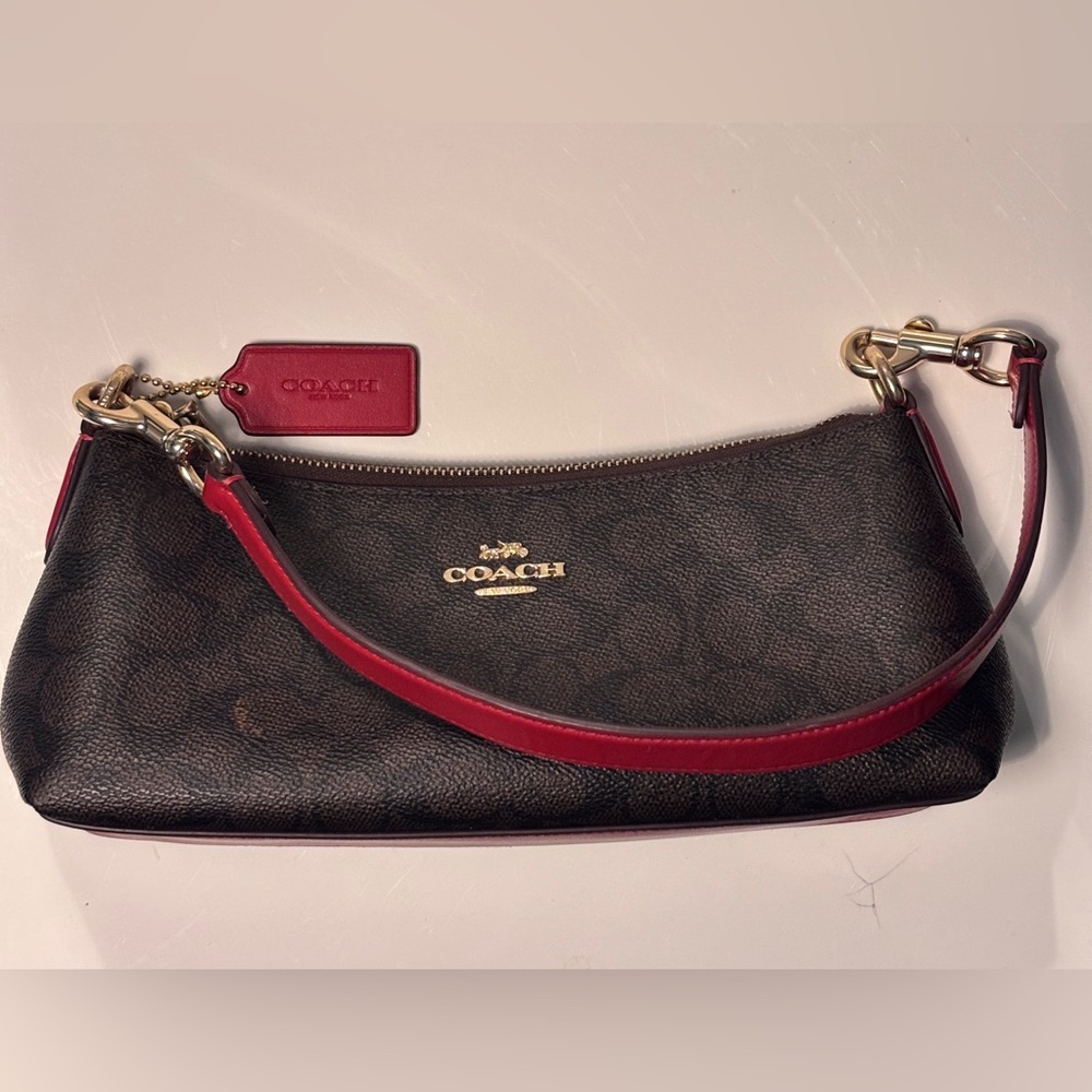 COACH Charlotte Shoulder Bag In Signature Canvas (CX810)Gold/Walnut/Bold-Red - Picture 13 of 14
